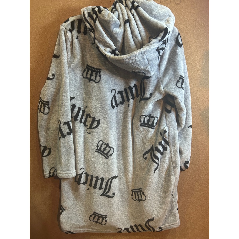 Juicy Couture Robe Womens XL Gray Black Gothic Logo Crown Hooded Plush Excellent